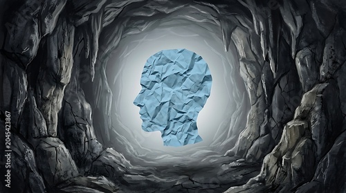 Conceptual illustration of a crumpled paper human head silhouette floating in a dark rocky cave, representing the subconscious mind and mental health