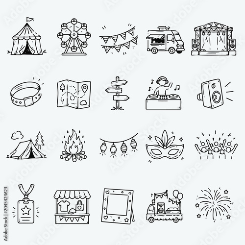 Festival and carnival icons set with various attractions and activities