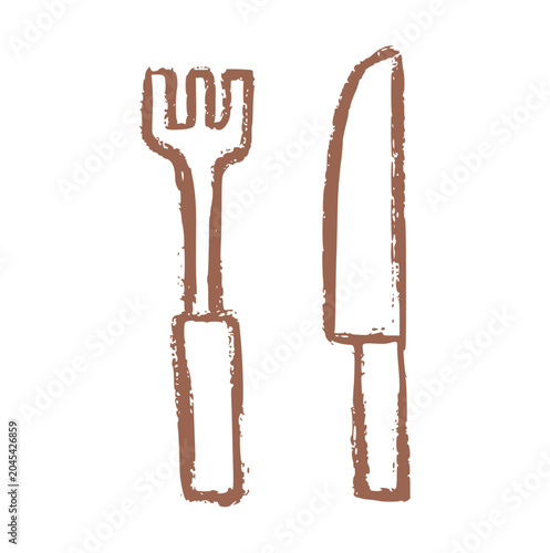 Φωτογραφία Fork and knife crayon wax doodle, rough textured hand drawn, silverware cutlery,
