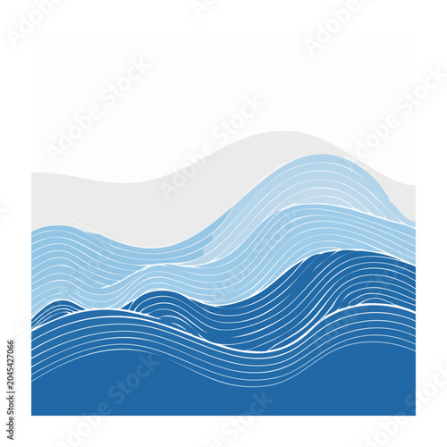 Abstract blue waves with white lines on white background