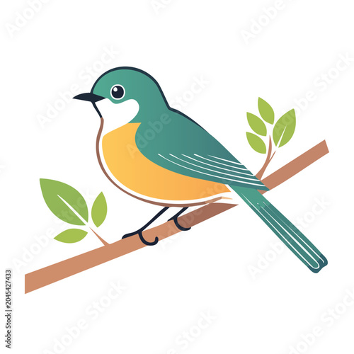 Flat design illustration of a colorful bird perched on a branch