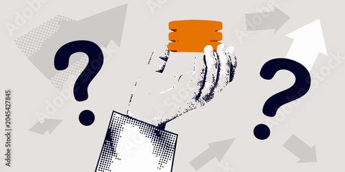 фотографія Question marks and hand with yellow object vector illustration