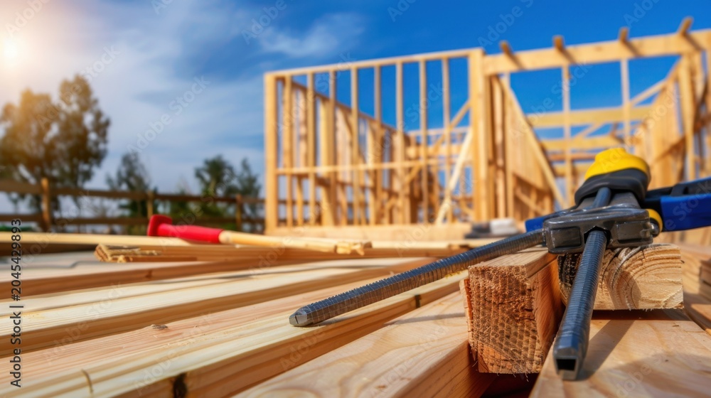 Naklejka premium Construction Site with Wooden Framing and Tools Against a Bright Sky