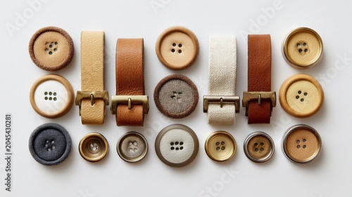 Flat lay composition of various blank leather jeans patches in tan and brown tones, metal buttons and denim straps arranged neatly on pure white background