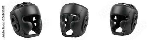 Fotografie A Set of black full coverage boxing and MMA headgear, padded training helmets fo