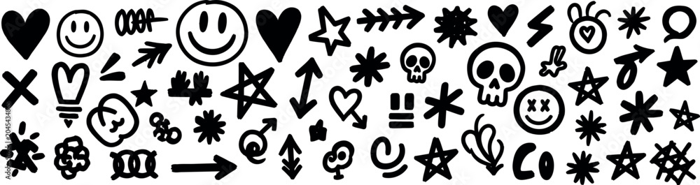 Fototapeta premium Hand drawn doodle icons set with smiley faces hearts stars and arrows