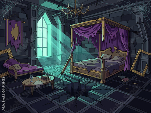 Bild auf Leinwand Haunted Abandoned Gothic Castle Bedroom with Tattered Bed, Cobwebs, and Ruined F