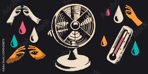 Vector collage featuring a fan thermometer and stylized hands with droplets