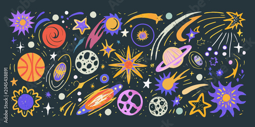Konstfotografi Cosmic Elements And Celestial Bodies Colorful Vector Illustration
