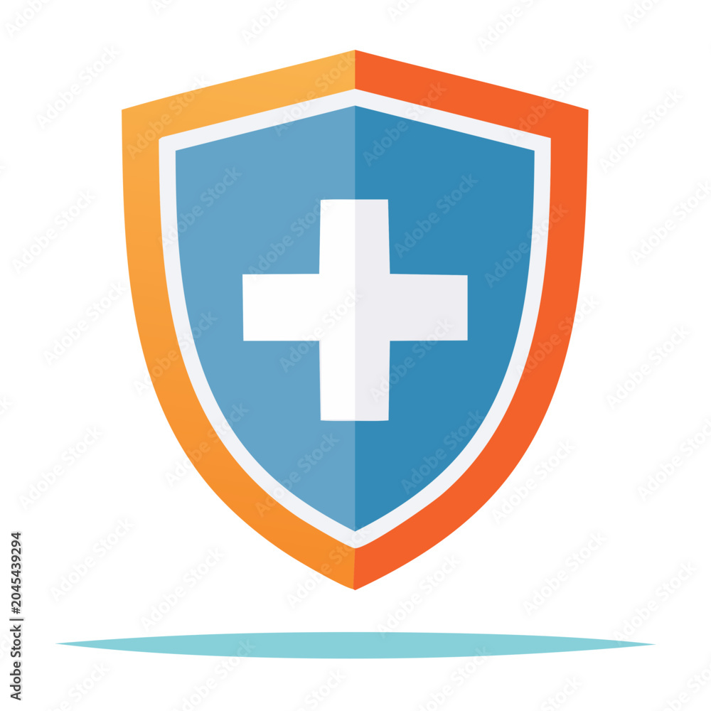 Obraz premium Flat design shield with white medical cross on blue background