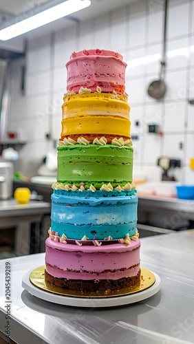 Multicolored Layer Cake on Countertop.
