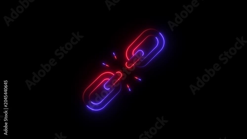 Glowing neon unlink icon isolated on black background. broken Link icon animation.