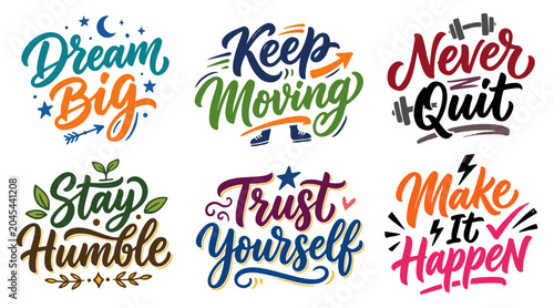 Foto Colorful vector illustration set featuring six different motivational quotes wit