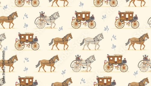 Seamless pattern with vintage horse carriages and walking horses