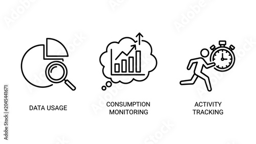 Analytical data and performance icons featuring data usage consumption monitoring activity tracking analytics monitoring tracking consumption performance statistics analysis management