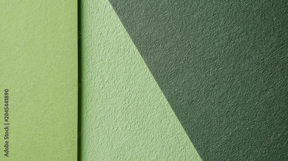 Fototapeta premium Abstract geometric background with textured green plaster in diagonal layers and subtle lighting