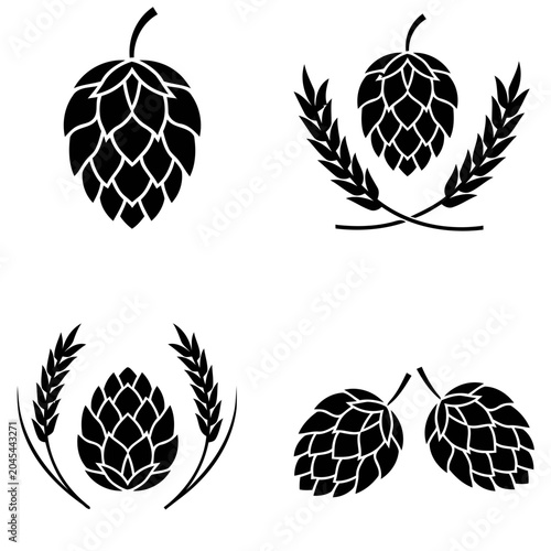 Set of Hop Cones and Wheat Ears Vector Icons for Beer Brewing