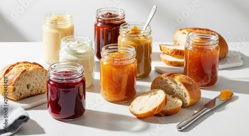 Assorted Gourmet Jams and Sliced Bread on White Surface