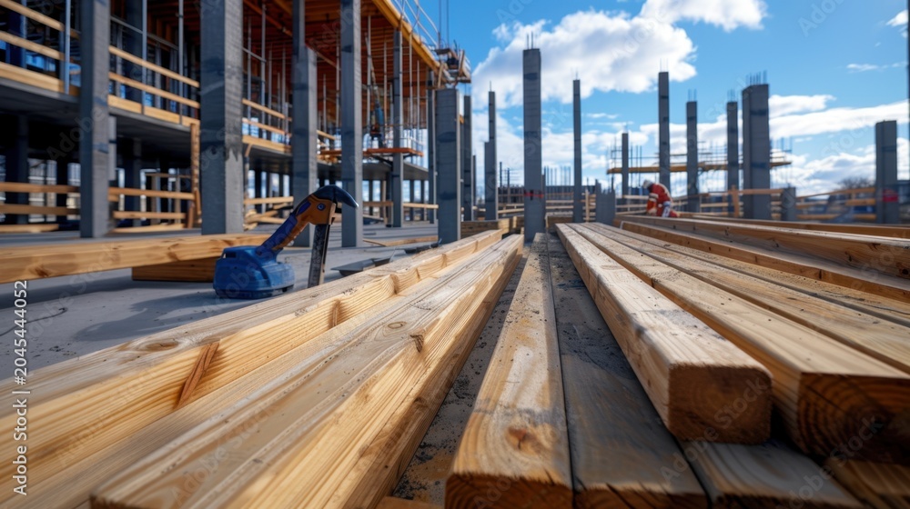 Naklejka premium Construction Site with Wooden Beams and Steel Framework Under Blue Sky and Bright Sunlight