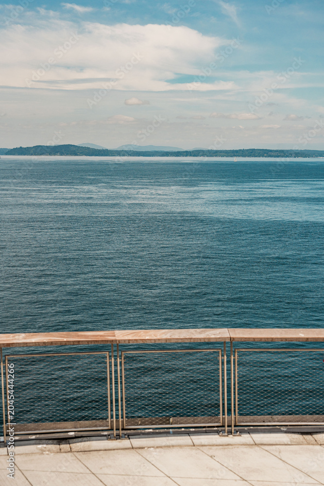 Obraz premium Seattle New Waterfront with Aquarium, Pike Place, and Park. View of the Puget Sound from the viewpoint on the waterfront park.