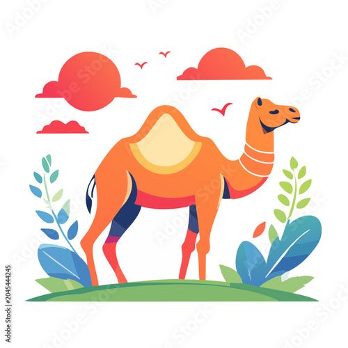 Flat design illustration of a camel in a desert landscape