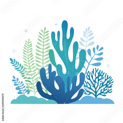 Flat design illustration of underwater plants and coral