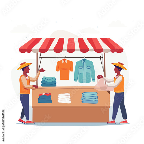 Flat design illustration of a market stall with clothing and vendors