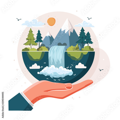 Hand holding a vibrant nature landscape with waterfall and mountains