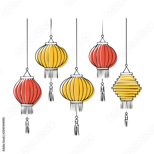 Red and yellow hanging lanterns with tassels