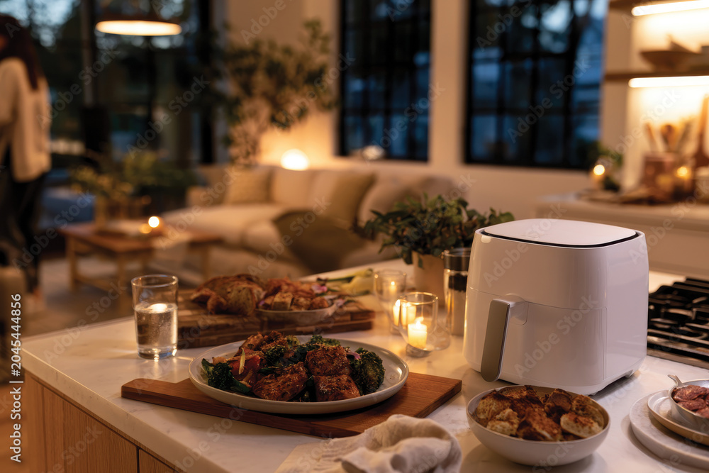 Fototapeta premium A warm, inviting kitchen scene featuring a modern air fryer alongside a beautifully plated meal, candles creating a cozy ambiance, perfect for gatherings or family dinners.