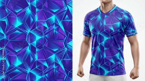 Professional futuristic sports jersey design with a 3D geometric abstract shattered pattern in deep purple and glowing cyan neon accents, ideal for gaming, esports, and futsal uniforms.