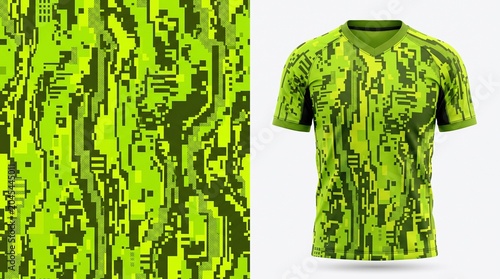 Professional sports jersey mockup with an abstract digital pixel glitch pattern in vibrant lime green and bright yellow, perfectly suited for esports, gaming competitions, or futsal uniforms.
