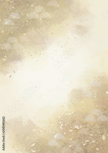 Elegant Japanese watercolor gold background with Seigaiha pattern for banner, invitation and presentation, abstract washi texture vector copy space|和風水彩金箔背景　青海波と和紙テクスチャの上品なベクターコピースペース バナー　招待状　プレゼン　年賀状
