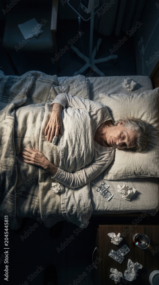 Obraz premium Elderly Person Sleeping In Bed With Many Tissues Close By