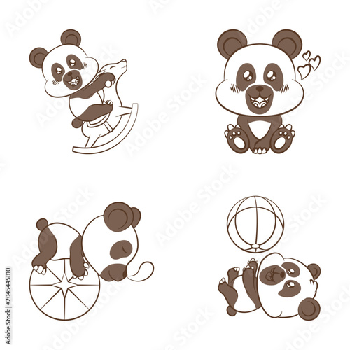 Cute black n white line Panda Cub Cartoon Character Set - Kawaii Baby Panda Playing and Sleeping Vector Illustrations