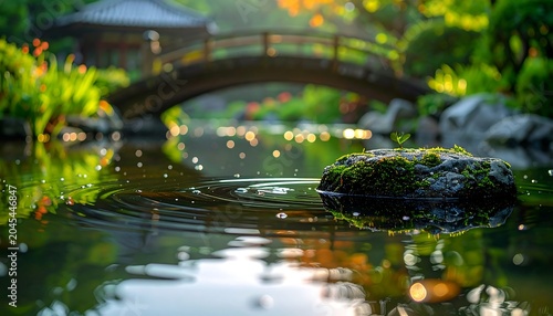Tranquil pond with mossy rock, bridge in background. Lush, green vegetation, soft focus, and gentle water ripples