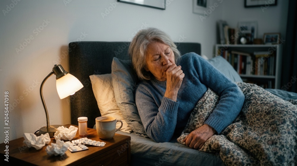 Obraz premium Elderly Woman Coughing In Bed At Night