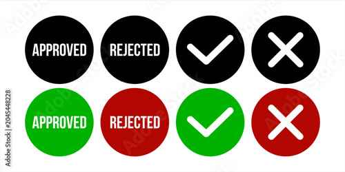 Approved Rejected Checkmark Cross Icon Set for Validation, Verification, Quality Control, User Interface and Business Applications
