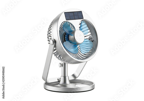 Silver solar powered desk fan with blue blades and adjustable stand for portable cooling and ventilation outdoors.