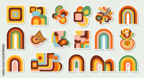 Retro Rainbow Shapes and Abstract Art - 70s Style Stickers