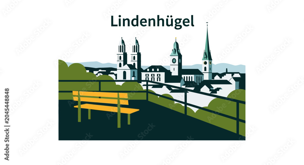 Naklejka premium Scenic Illustration of Lindenhügel Town with Bench Viewpoint.
