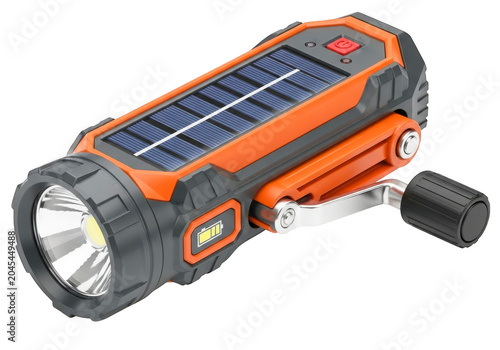 Rugged solar powered flashlight with hand crank and battery indicator light for emergency and outdoor use.