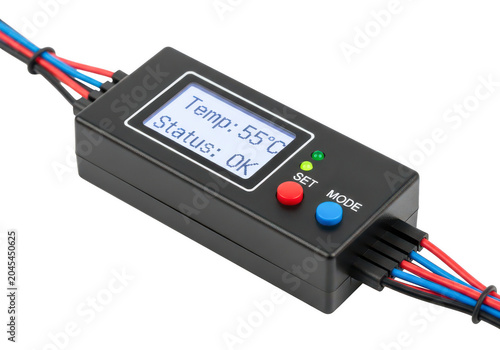 Digital temperature controller with LCD screen displaying 55 degrees Celsius and status OK.