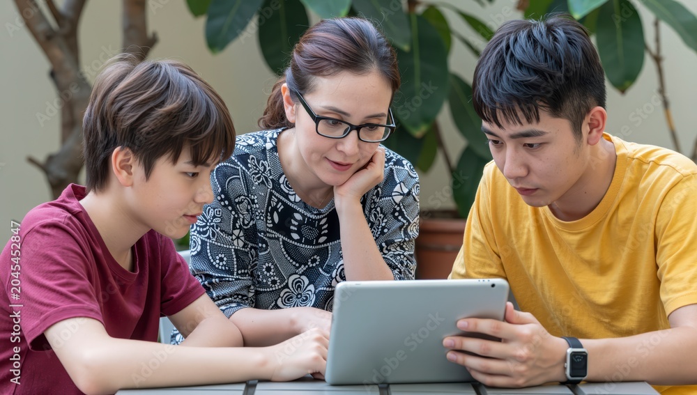 Fototapeta premium Asian mother and two sons looking at digital tablet together in outdoor setting for modern family technology and education concepts with natural light and focus