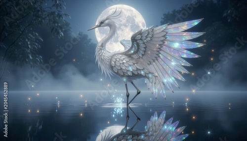 Magical Crystal Crane with Iridescent Pearl Wings in Moonlit Lake