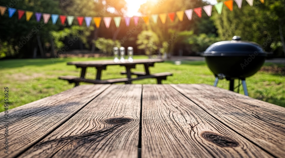 Fototapeta premium Empty rustic wooden picnic table in a sunny backyard with a barbecue grill and party flags, ready for a summer celebration or gathering