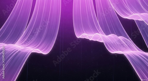 Glowing purple light trails flow across dark background with neon like effect and space atmosphere