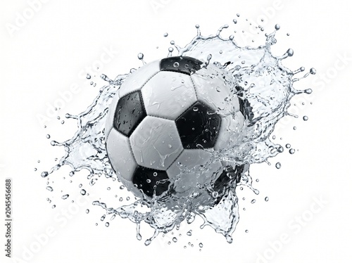 Soccer ball splashing in clear water.