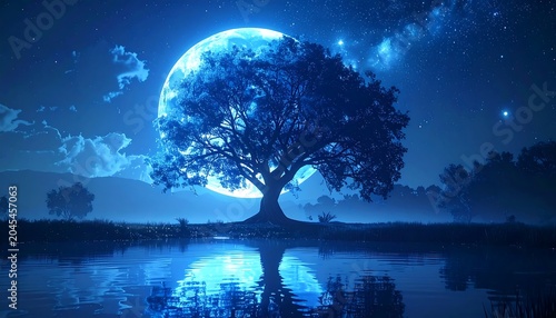 Tranquil scene of a lone tree silhouetted against a large, bright moon, reflected in serene water