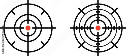 Reticle icons, crosshair symbols with red dot centers for targeting accuracy tracking and navigation graphics.